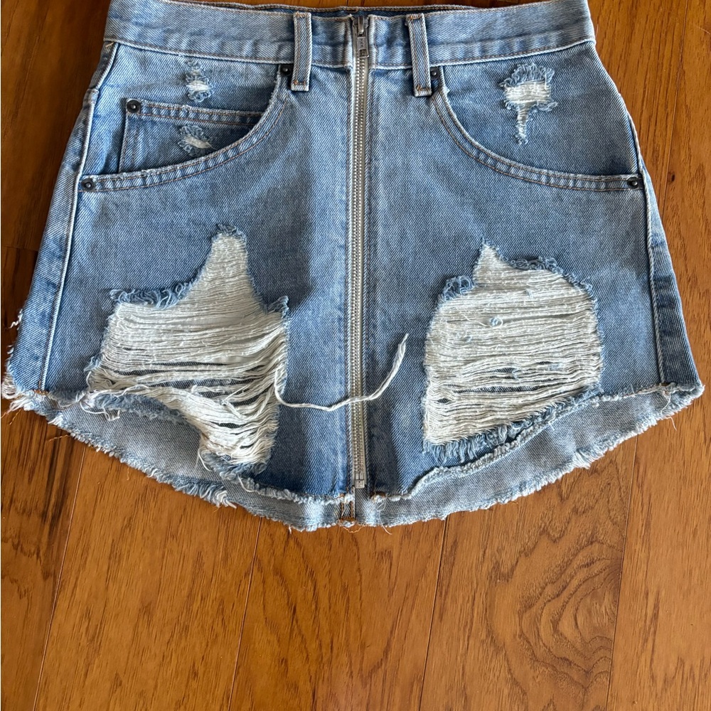 Carmar Light Blue Distressed Denim Mini Skirt with Front Zip